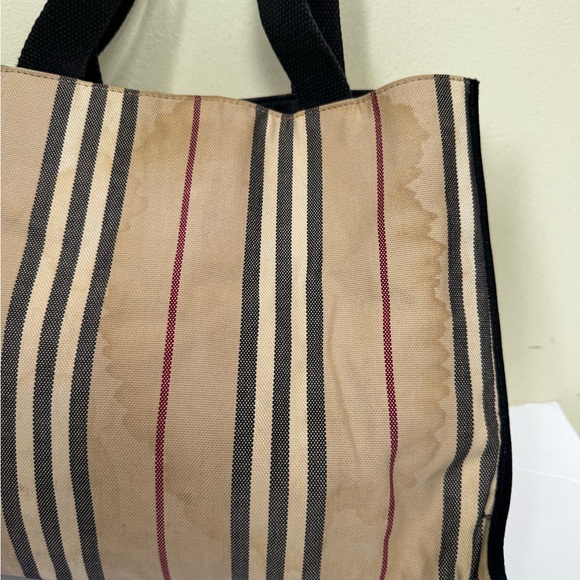 Burberry Vintage Striped Canvas Toto Bag Satchel Handbag Nova Check Cotton Tan - Picture 9 of 16
